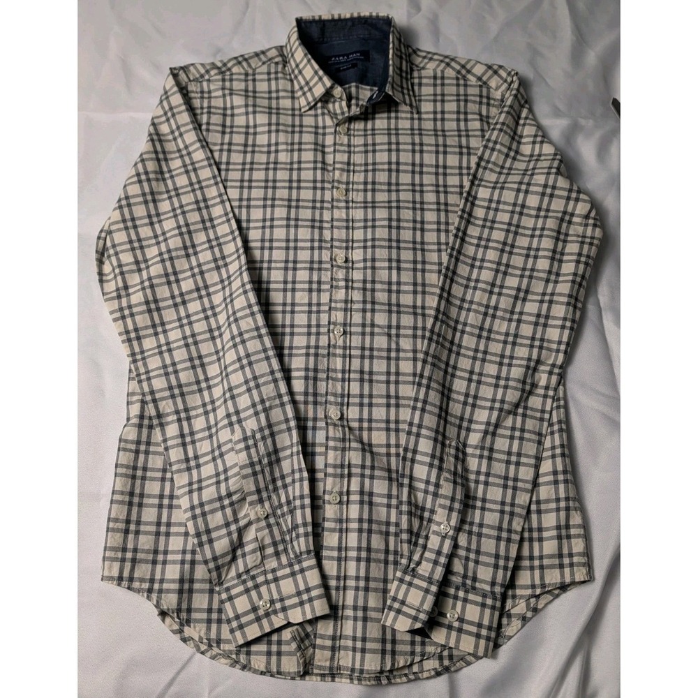 Zara Man Men's Medium Cream and Navy Plaid Button Up Long Sleeve Shirt